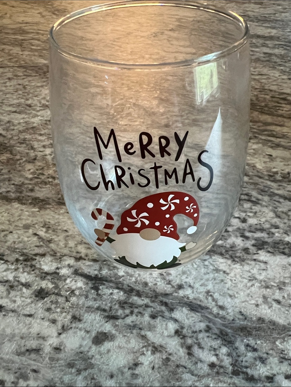 Clear 'Merry Christmas' Gnome Stemless Wine Glass GUC